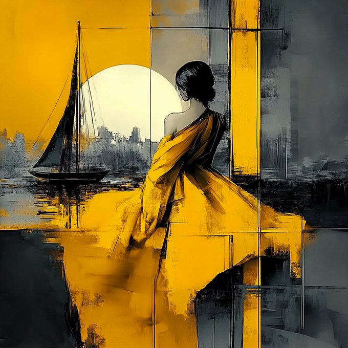 A stylized painting in bold yellow and gray tones depicts a woman in a flowing yellow gown viewed from behind, gazing out at a sailboat and a large white sun over a harbor cityscape. The artwork's elegant, contemplative mood complements the artist's announcement of their piece "Lady LongWaits" being featured at NFT NYC 2026's Community Artist Showcase.