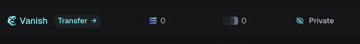 The image shows a crypto wallet or exchange interface displaying a "Vanish" token with a "Transfer" option, showing a balance of "0" for two assets, with "Private" mode enabled, which visually confirms the user's complaint about their Vanish Solana holdings being drained to zero on Axiom Exchange.