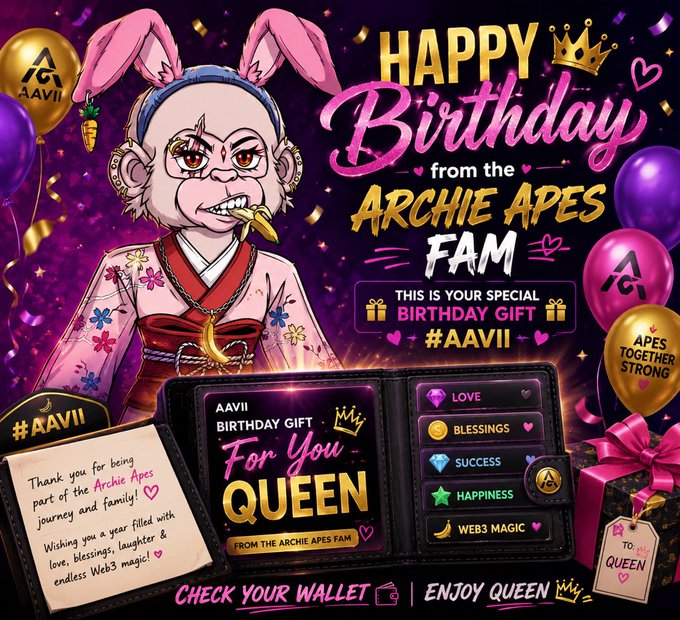 The image features a cartoon character dressed as a monkey wearing a pink outfit, standing against a purple background adorned with gold balloons. The text "Happy Birthday from the Archie Apes Fam" is written above the monkey's head, indicating that this is a birthday message for someone named "Phrankie Luna" from the "Archie Apes Family". The post also includes a gifting guide and a wish list for the recipient to enjoy their birthday surprise.

The image contains various elements such as balloons in different colors (purple, gold, and pink), a cartoon monkey character, and text that reads "Happy Birthday @Phrankie_Luna from the Archie Apes Fam This is your special birthday gift from the whole #AAVII family Check your wallet and enjoy your queen energy birthday surprise Wishing you a year filled with love, blessings, laughter & endless Web3".