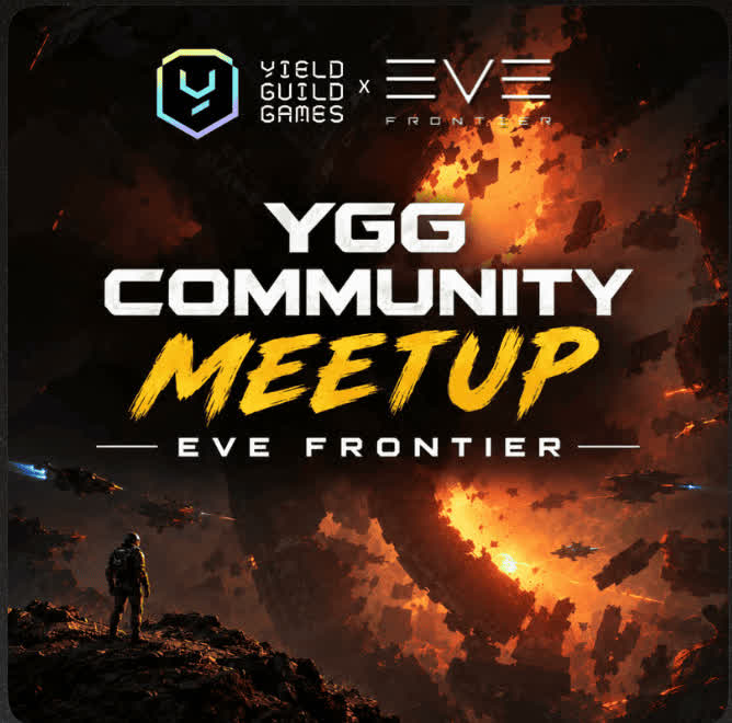 A promotional graphic for the YGG Community Meetup for EVE Frontier, featuring a sci-fi landscape with a character overlooking fiery debris and spaceships.