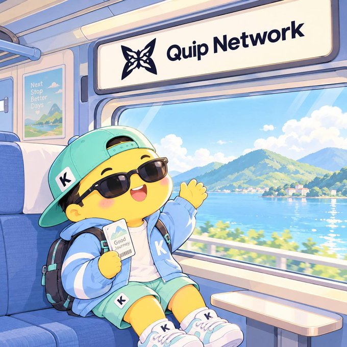 Bright anime-style illustration of a cheerful yellow mascot wearing sunglasses and a “K” cap while riding a train beneath a “Quip Network” sign.