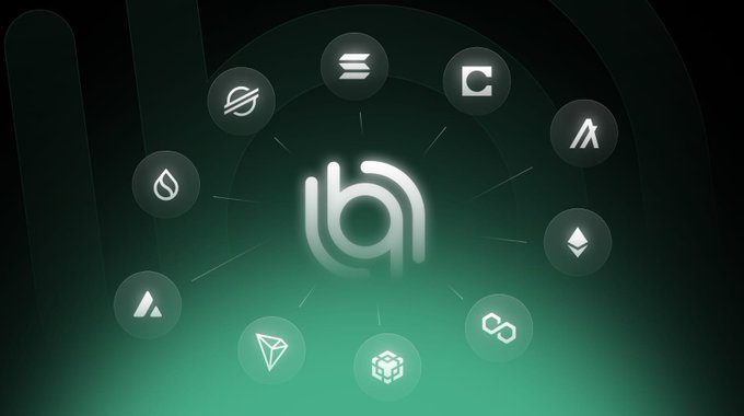 The image displays a glowing green and dark-themed graphic featuring the Allbridge logo (a stylized "b" emblem) at the center, surrounded by a circular arrangement of cryptocurrency icons including Solana, Cronos, Avalanche, Ethereum, Tron, Polygon, and others, visually representing the multiple blockchain networks supported by Allbridge's cross-chain bridging platform. This complements the post's praise for Allbridge.io's seamless cross-chain transfer experience by showcasing the wide variety of ecosystems users can bridge between.