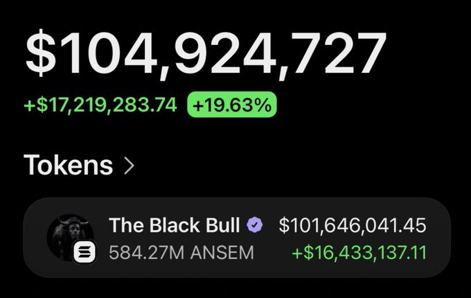 A trading account dashboard displaying a balance of $104,924,727 with a gain of +$17,219,283.74 (+19.63%) in green, showing position in 'The Black Bull' token at $101,646,041.45 with 584.27M ANSEM held (+$16,433,137.11).