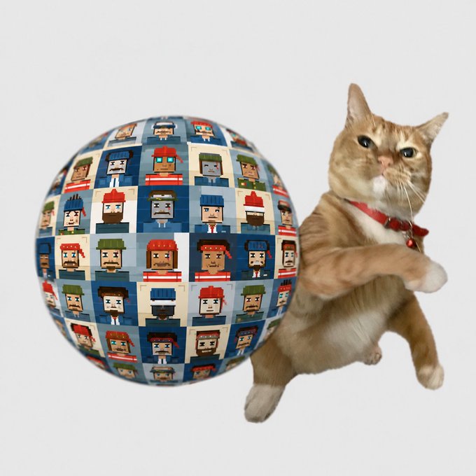 An orange cat stands on its hind legs next to a sphere decorated with pixel art character portraits, appearing to push or balance it. The whimsical, meme-like image visually conveys the frustration and absurd situation described in the post about setbacks with a digital collectible called "Old Wolf" and platform issues.