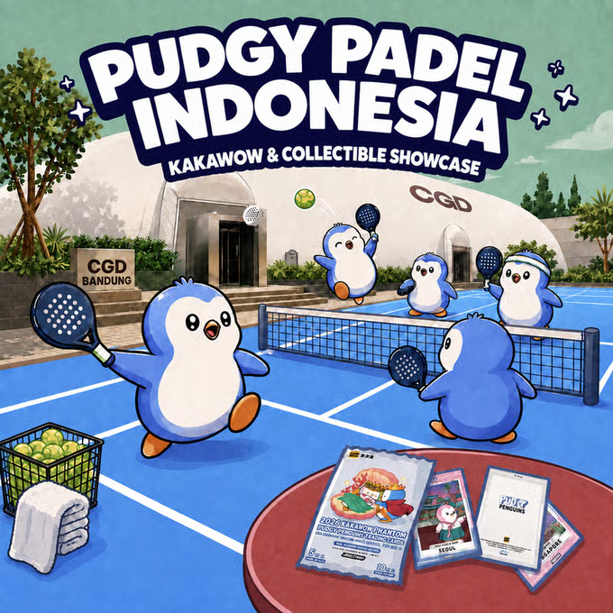 Promotional graphic for "PUDGY PADEL INDONESIA - KAKAWOW & COLLECTIBLE SHOWCASE," featuring cartoon penguins playing padel tennis at the CGD Bandung venue, alongside event collectibles and merchandise. The image ties to the post by showcasing the inaugural Pudgy Penguins community event happening September 12th in Bandung, Indonesia.