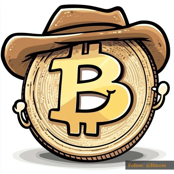A cartoon illustration features a gold Bitcoin coin wearing a brown cowboy hat, with small hands and a shadow beneath it, and includes the text "Follow: @Bitcoin" in the corner. The image's playful, Western-themed Bitcoin mascot visually complements the post highlighting Bitcoin's price at $83,185.08.