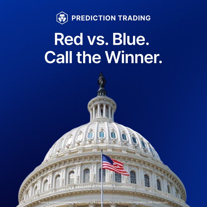 An advertisement for 'PREDICTION TRADING' with the tagline 'Red vs. Blue. Call the Winner,' showing the US Capitol dome and an American flag against a blue sky, with a Crypto.com disclaimer at the bottom.
