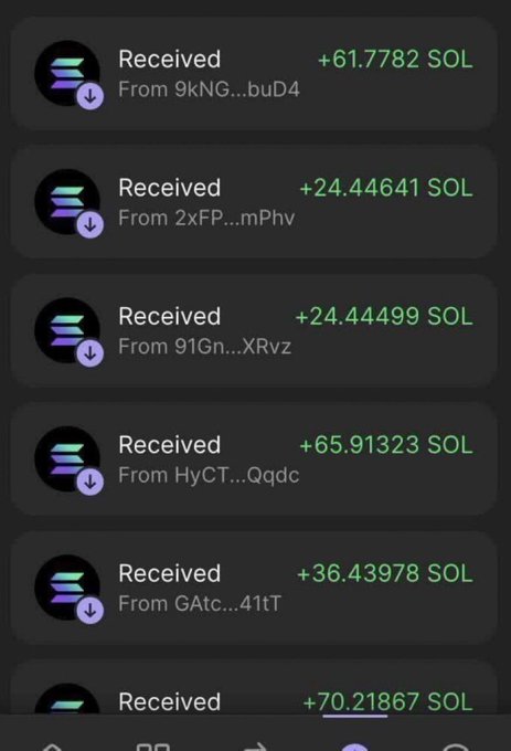 A smartphone screen displays multiple incoming Solana (SOL) transactions, including +61.7782 SOL from 9kNG...buD4, +24.44641 SOL from 2xFP...mPhv, +24.44499 SOL from 91Gn...XRvz, +65.91323 SOL from HyCT...Qqdc, +36.43978 SOL from GAtc...41tT, and +70.21867 SOL. The image appears to serve as "proof" for a social media giveaway promising free SOL to users who like, retweet, follow, and drop their wallet address—a common cryptocurrency scam designed to phish wallet credentials or trick users into malicious interactions.