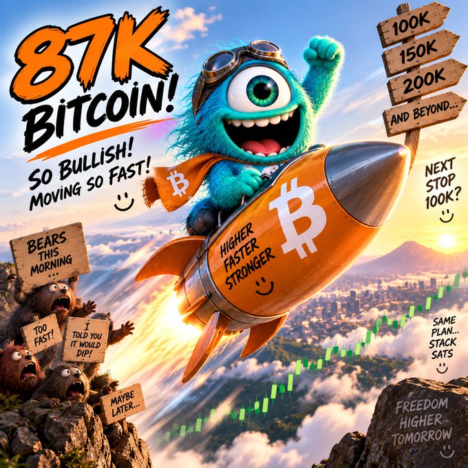 A cartoonish blue monster character rides an orange Bitcoin rocket, celebrating '87K BITCOIN!' with text reading 'SO BULLISH! MOVING SO FAST!' and 'HIGHER FASTER STRONGER' along the rocket.