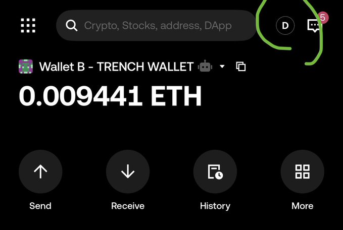 A screenshot of a crypto wallet interface showing 'Wallet B - TRENCH WALLET' with a balance of '0.009441 ETH', featuring Send, Receive, History, and More buttons, with a green circle drawn around the profile and chat icons.