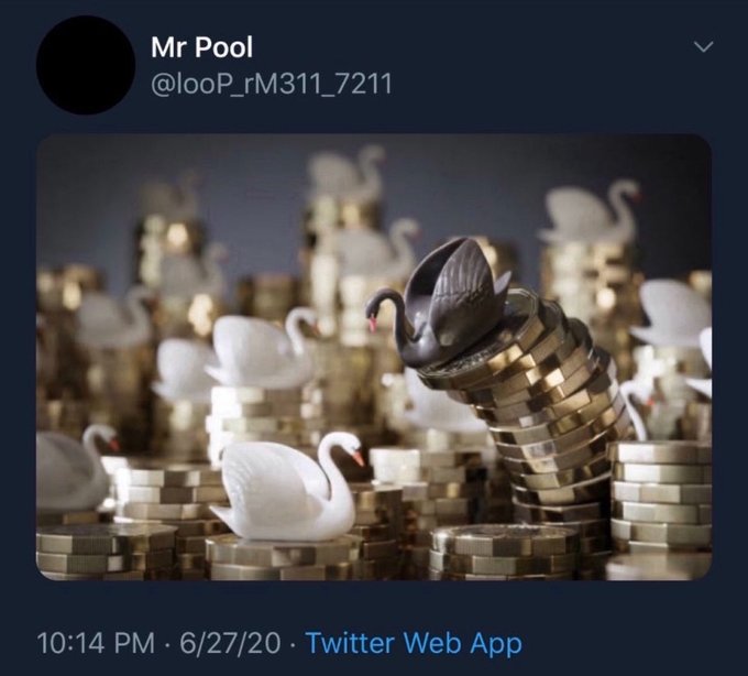 A tweet by 'Mr Pool' (@looP_rM311_7211) dated 6/27/20 features an image of a black swan wearing a fedora surrounded by stacks of gold coins and white swans.