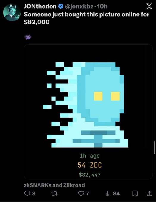 A tweet from JONthedon (@jonxkbz) stating 'Someone just bought this picture online for $82,000', featuring a pixelated dissolving ghost image that sold for 54 ZEC ($82,447) on zkSNARKs and Zilkroad.
