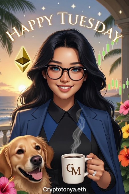 A digital illustration features a smiling woman in a blue blazer and glasses holding a 'GM' coffee mug, with a golden retriever beside her, a green Ethereum logo, an upward stock chart, and the text 'HAPPY TUESDAY' and 'Cryptotonya.eth'.