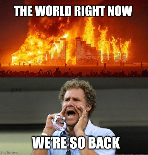 A two-panel meme features a burning cityscape labeled "THE WORLD RIGHT NOW" and Will Ferrell yelling, captioned "WE'RE SO BACK".