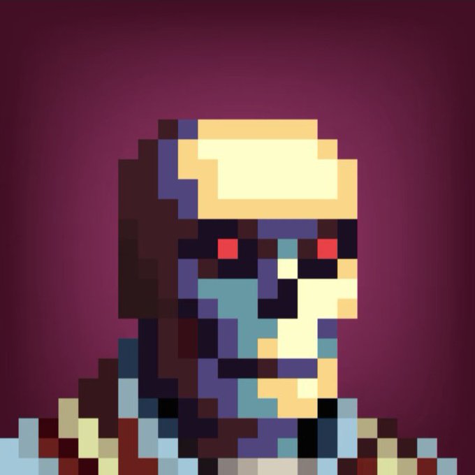 A pixel art portrait of a character with a yellow headband and red eyes against a dark magenta background.