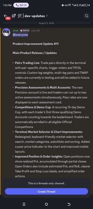 A mobile Discord screenshot showing a 'Product Improvement Update #11' in the 'dev-updates' channel from 'srnl', listing updates for a trading platform.