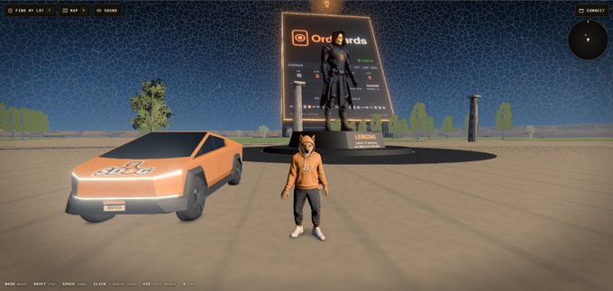 A 3D virtual environment/metaverse scene showing a player avatar in an orange hoodie standing between an orange Cybertruck-style vehicle and a large 'Ord3rds' digital display board.