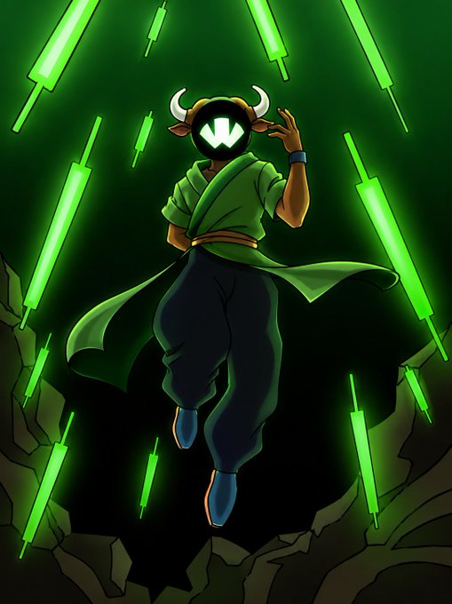 Stylized illustration of a floating character wearing a green robe and a bull-horned helmet with a glowing 'W' visor, surrounded by falling green glowing rods.