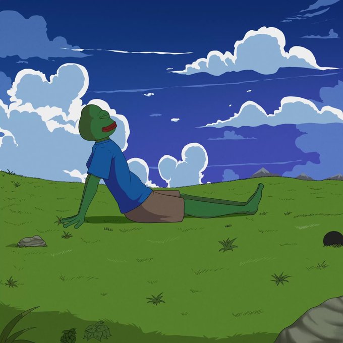 A green Pepe the Frog character relaxes contentedly in a grassy field under a vivid blue sky filled with fluffy white clouds, leaning back on his hands with a peaceful smile as he soaks in the serene Saturday atmosphere matching the cheerful "GM guys have a great Saturday!" greeting.