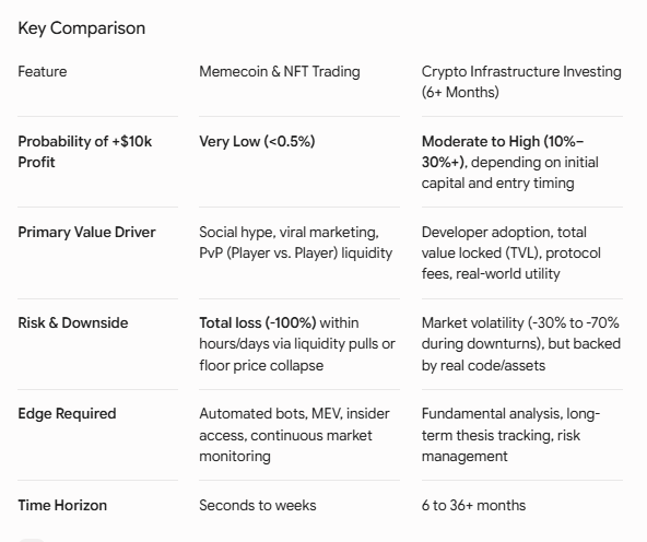 A comparison table titled 'Key Comparison' contrasting 'Memecoin & NFT Trading' with 'Crypto Infrastructure Investing (6+ Months)' across features like probability of profit, value drivers, risk, required edge, and time horizon.