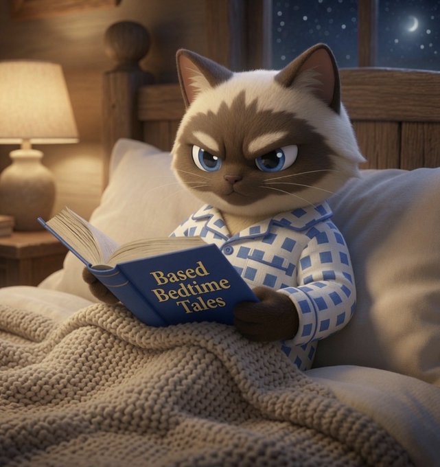 The image features a cartoon cat sitting on top of a bed, reading a book titled "Based Bedtime Tales" with an angry expression on its face. The cat appears to be in a pajama outfit, suggesting that it might be taking part in a bedtime story session or preparing for sleep.