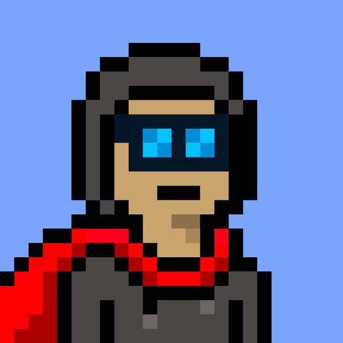 "Satoshi Nakamoto"  
 "OG Web3"  
 "Pixel Art"  
 " avatar of a person wearing black glasses with red scarf , has red hair and is standing with his hands at his sides against blue background with white text on it that says '+1 Migo from the anonymous roots of Satoshi Nakamoto's legacy to the pixelated streets of the Nakamigos universe... the lore runs deeper than the charts. The hoodie represents the counter-culture. The OG Web3 ethos. Proud to officially join the hoodie'.