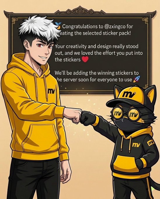 The image features a man and a cat wearing matching yellow hoodies, with the man's hand raised in a fist bump and the cat's paw extended towards his hand. The caption of the image reads "Congratulations to #1 for creating the selected sticker pack! Your creativity and design really stood out and we loved the effort you put into it".