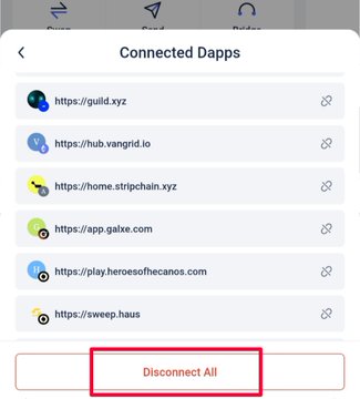 The image displays a "Connected Dapps" menu listing various cryptocurrency websites (guild.xyz, hub.vangr1d.io, home.stripchain.xyz, app.galxe.com, play.heroesofthecanoes.com, sweep.haus) connected to the Rabby wallet, with a red-highlighted "Disconnect All" button at the bottom. This relates to the advisory about a critical security vulnerability in the Rabby Chrome extension, suggesting users should disconnect their dapps as a precautionary measure following the unlock bug discovery.