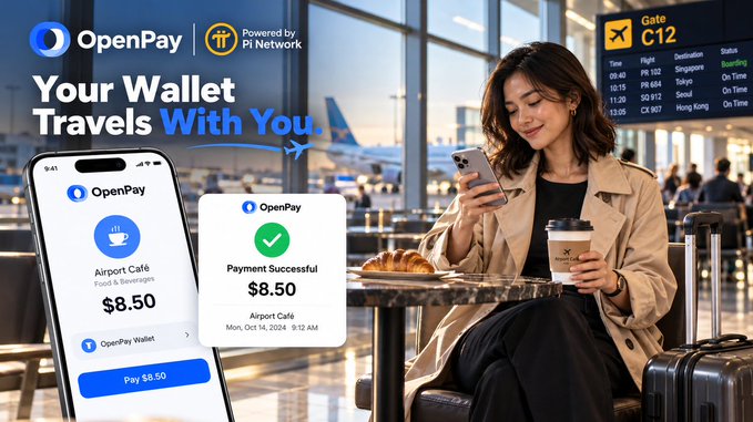 An advertisement for 'OpenPay' powered by Pi Network, showing a woman at an airport with the tagline 'Your Wallet Travels With You' and a payment of $8.50 at Airport Café.