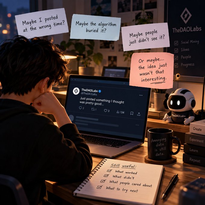 An illustrated scene shows a person at a desk looking thoughtfully at a social media post on a laptop, with sticky notes asking 'Maybe I posted at the wrong time?', 'Maybe the algorithm buried it?', 'Maybe people just didn't see it?', and 'Or maybe... the idea just wasn't that interesting.'