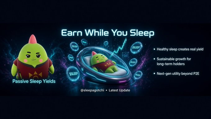 A promotional banner for 'Sleepagotchi' featuring a green dinosaur-like mascot with the headline 'Earn While You Sleep' and bullets including 'Healthy sleep creates real yield' and '@sleepagotchi'.