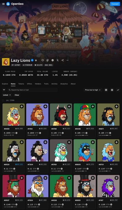 An OpenSea NFT collection page displaying 'Lazy Lions' cartoon lion avatars with various attributes and prices in ETH.