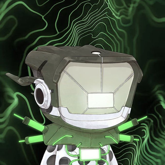 A stylized digital illustration of a robotic or armored figure with a large visor and glowing green tubes, set against a dark background with wavy green topographic lines.