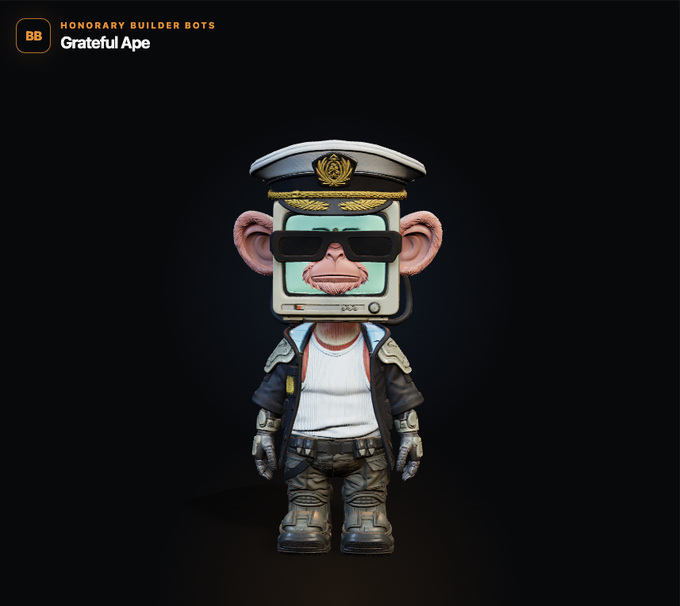 A 3D NFT character called 'Grateful Ape' from Honorary Builder Bots, depicted as a monkey wearing a captain's hat, sunglasses, and a jacket