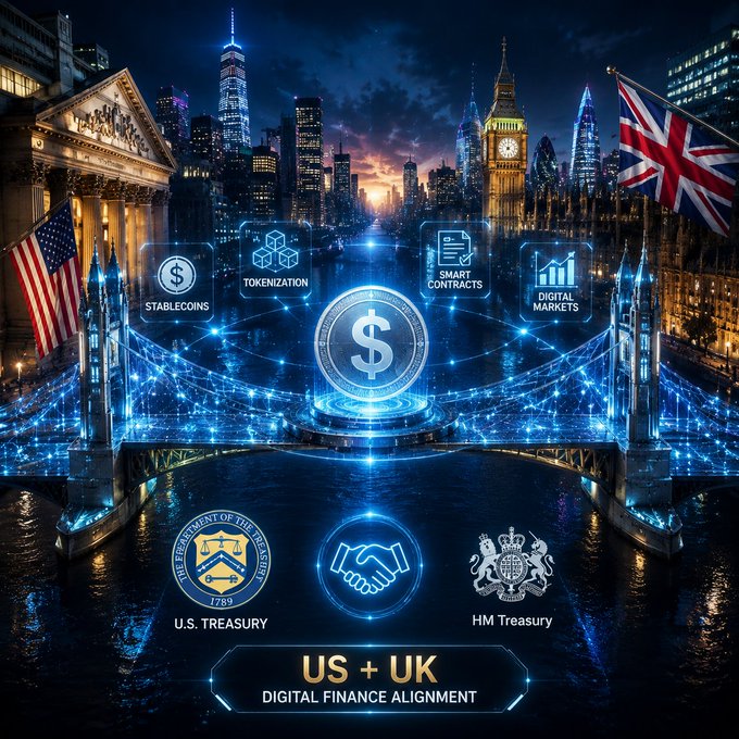 A digital finance alignment graphic showing 'US + UK' with the U.S. Treasury and HM Treasury seals flanking a handshake symbol, set against a backdrop of New York and London skylines with Tower Bridge, featuring icons for Stablecoins, Tokenization, Smart Contracts, and Digital Markets.