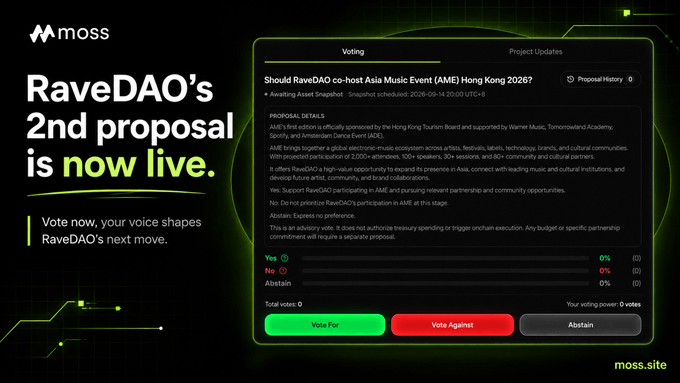 A Moss (moss.site) promotional graphic announcing 'RaveDAO's 2nd proposal is now live' regarding co-hosting Asia Music Event (AME) Hong Kong 2026, displaying a voting interface with Vote For, Vote Against, and Abstain options.