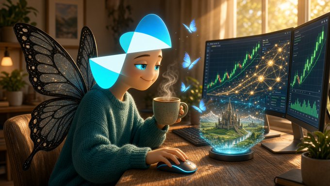 A digital illustration depicts a fairy-like figure with butterfly wings and a geometric blue and white head, sitting at a desk with a steaming mug while looking at monitors displaying glowing stock market charts.