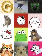 A 4x3 grid of emoji and meme-style images including a coin, cat, Hello Kitty, Pepe the Frog, doge, and Shiba Inu.