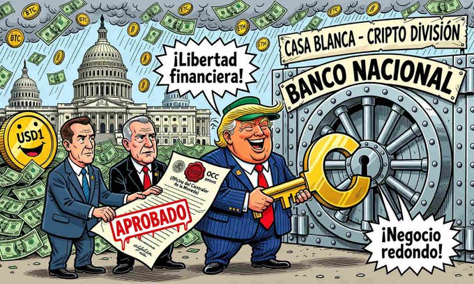 A colorful political cartoon shows caricatures of Donald Trump holding a key, alongside the U.S. Capitol, a vault labeled 'BANCO NACIONAL', and Spanish text including '¡Libertad financiera!' and 'APROBADO!'.