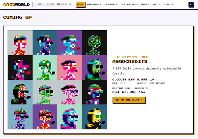 A webpage for 'ARGOWORLD' showing a 'COMING UP' section featuring 'ARGOCREDITS', an NFT mint offering 9,999 Argonauts coloured by Credits priced at 0.00038 ETH.