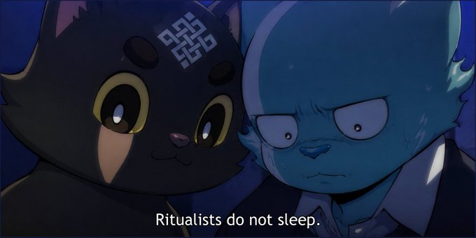 An animated scene showing a black cat-like character with a glowing symbol on its forehead next to a blue humanoid character, with the subtitle 'Ritualists do not sleep.'