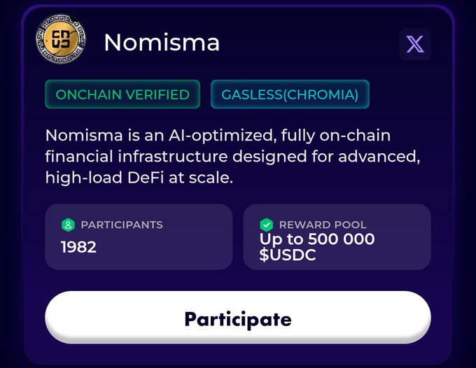 Promotional card for 'Nomisma' labeled 'ONCHAIN VERIFIED' and 'GASLESS(CHROMIA)' describing it as AI-optimized DeFi infrastructure with 1982 participants and a reward pool up to 500,000 $USDC.