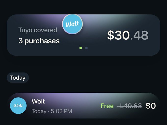 A financial app screen showing Wolt covered 3 purchases costing $30.48, with a free redemption of $49.63 ($0) today at 5:02 PM.