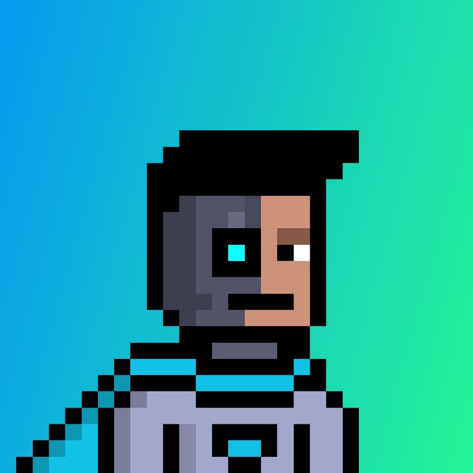 A pixel art portrait of a character with half-robotic features, glowing cyan eyes, and a blue scarf against a gradient blue-green background.