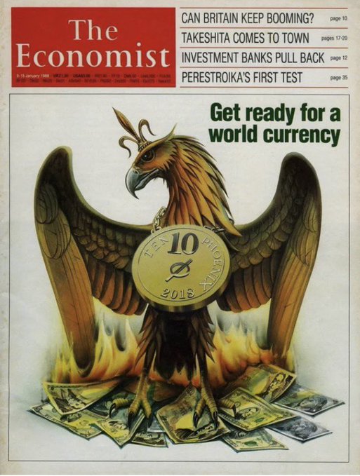 The image shows the January 9, 1988 cover of *The Economist*, headlined "Get ready for a world currency," featuring a phoenix rising from flames with a "10 PHOTONIX" coin on its chest and dollar bills beneath it, alongside side articles on "Can Britain Keep Booming?" and "Perestroika's First Test." The post draws a parallel between this classic prediction of a unified global currency and Stellar ($XLM), positioning XLM as the digital infrastructure to fulfill that long-anticipated shift toward borderless finance.