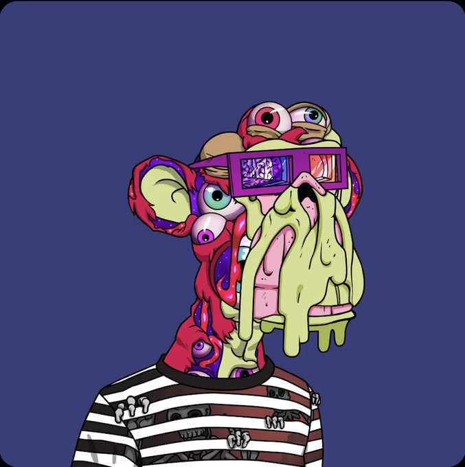 A surreal, grotesque cartoon illustration of a figure wearing 3D glasses with multiple eyes, a melting pink and green fleshy face, and a striped shirt on a dark purple background.