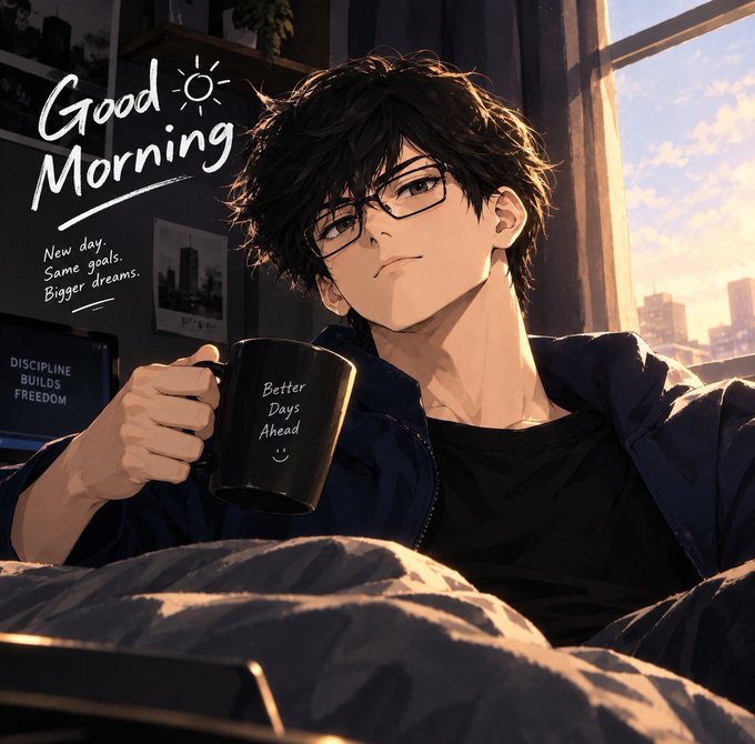 An anime-style illustration shows a young man with messy black hair and glasses holding a black mug reading 'Better Days Ahead', with 'Good Morning', 'New day, Same goals, Bigger dreams', and 'DISCIPLINE BUILDS FREEDOM' text overlaid.