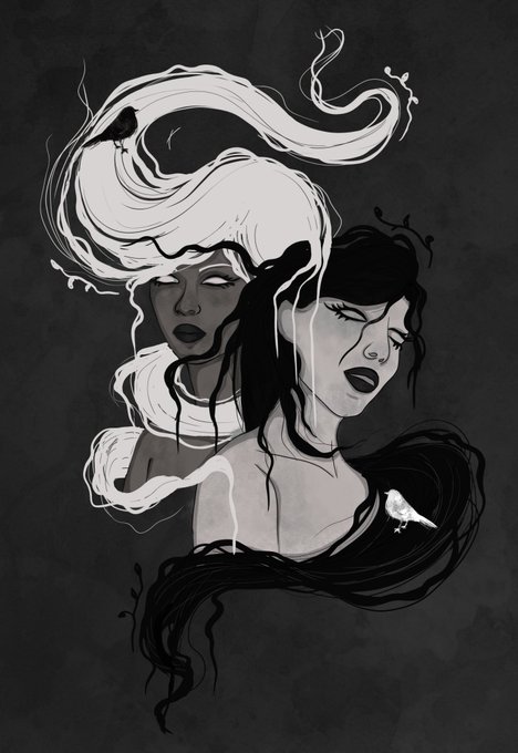 A black and white stylized illustration of two women's faces in profile with flowing, smoke-like hair intertwined around them.