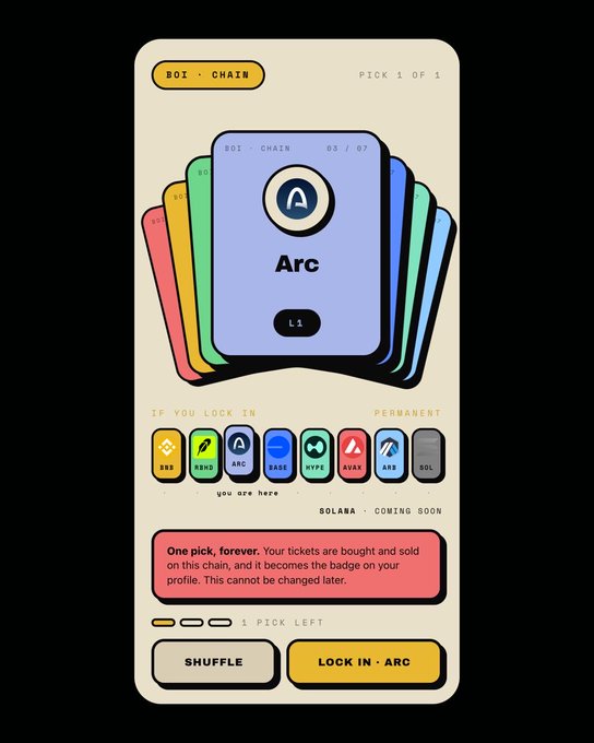 A mobile app interface showing a card selection game for 'BOI · CHAIN' with the current card highlighted as 'Arc', displaying chain options like RBTC, BASE, HYPE, AVAX, ARB, and SOL.