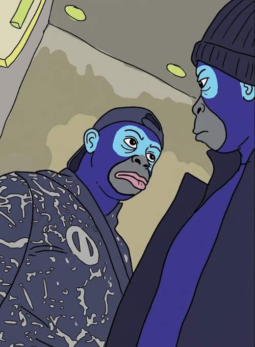 An illustration shows two blue-faced anthropomorphic ape characters, with one wearing a patterned dark shirt and a backwards cap, standing next to the other in a beanie and jacket.